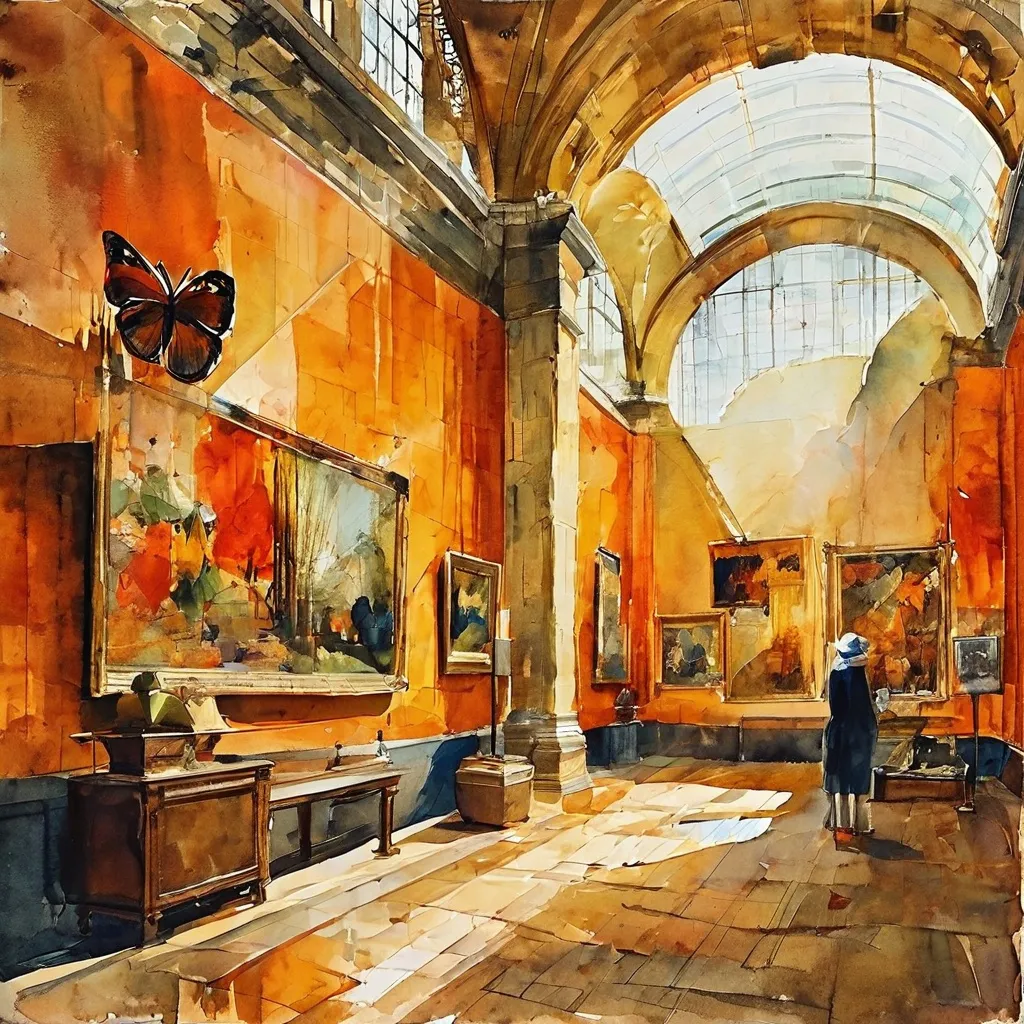 A conceptual artistic display at the Rijksmuseum, featuring a detailed butterfly, a majestic rhinoceros sculpture, and a Vermeer-esque painting, set within the museum's grand architectural space.