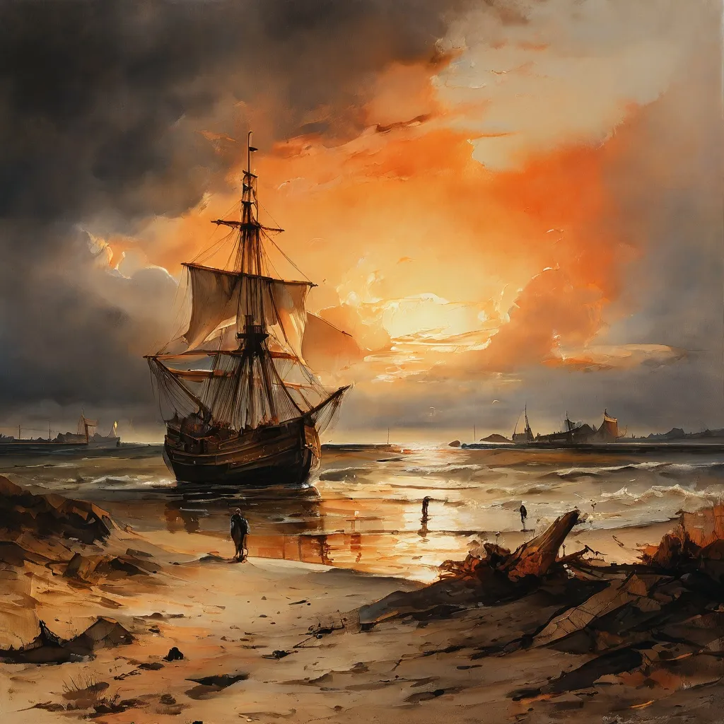 XVII-wieczny holenderski obraz morski przedstawiający statek na piaszczystym brzegu pod dramatycznym, zachmurzonym niebem, podarowany Rijksmuseum.