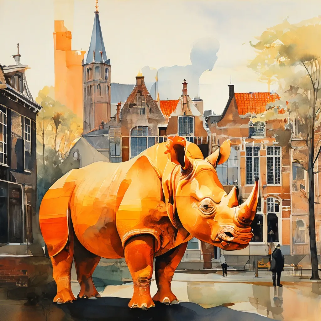 Een conceptuele illustratie die de tentoonstellingen van het Rijksmuseum in 2022 weergeeft, met een mix van historische kunst, moderne sculptuur en het unieke motief van een neushoorn.