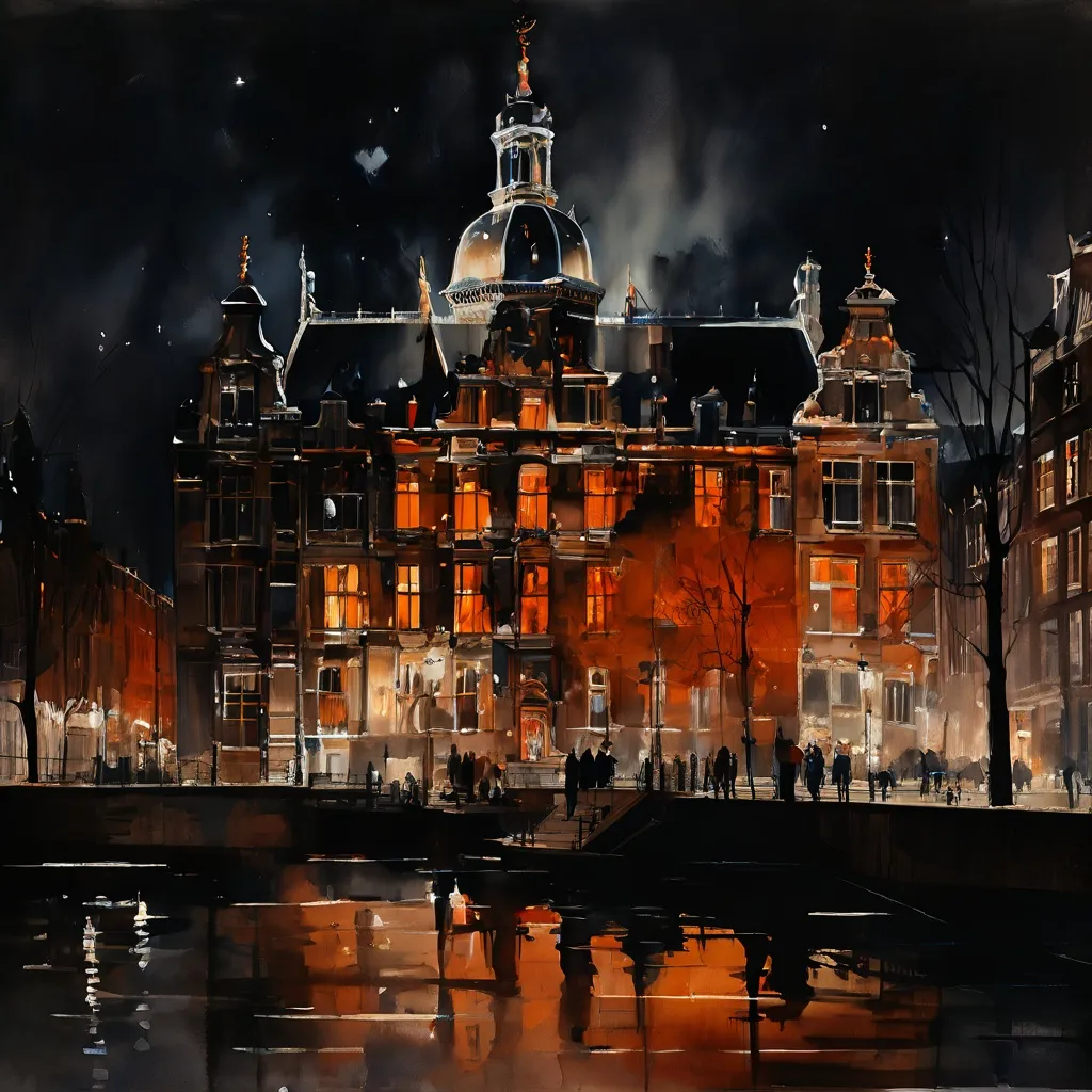 Una toma amplia de la fachada del Rijksmuseum por la noche, dramáticamente iluminada por imágenes en movimiento proyectadas, que representan una escena histórica pero contemporánea de Ámsterdam.