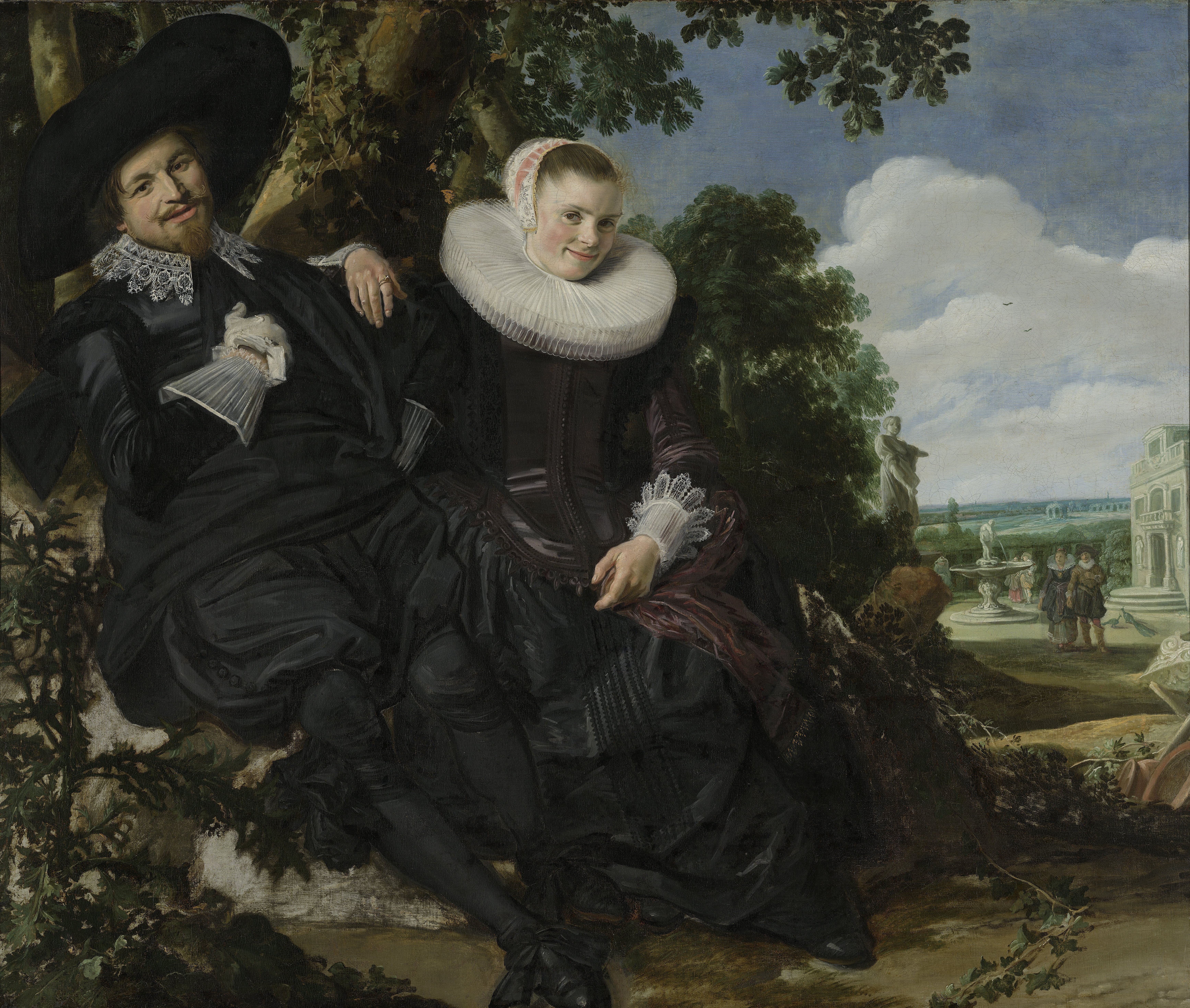 Een schilderij van een man en vrouw in historische Nederlandse kledij, zittend in de buitenlucht met een landschap op de achtergrond