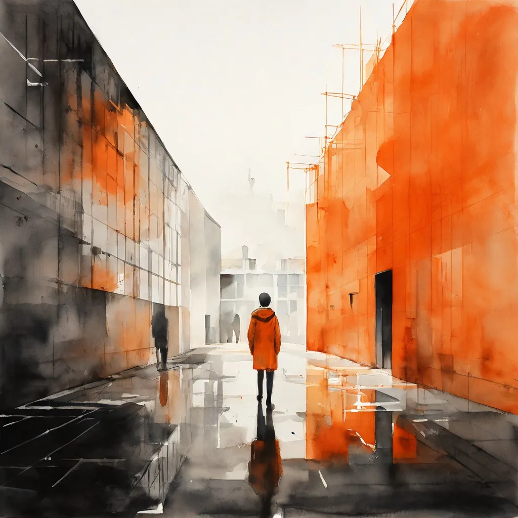 A conceptual image representing Tina Farifteh's exhibition at the Rijksmuseum, illustrating the themes of asylum and the Dutch immigration system through stark architecture and a central, anonymized figure.