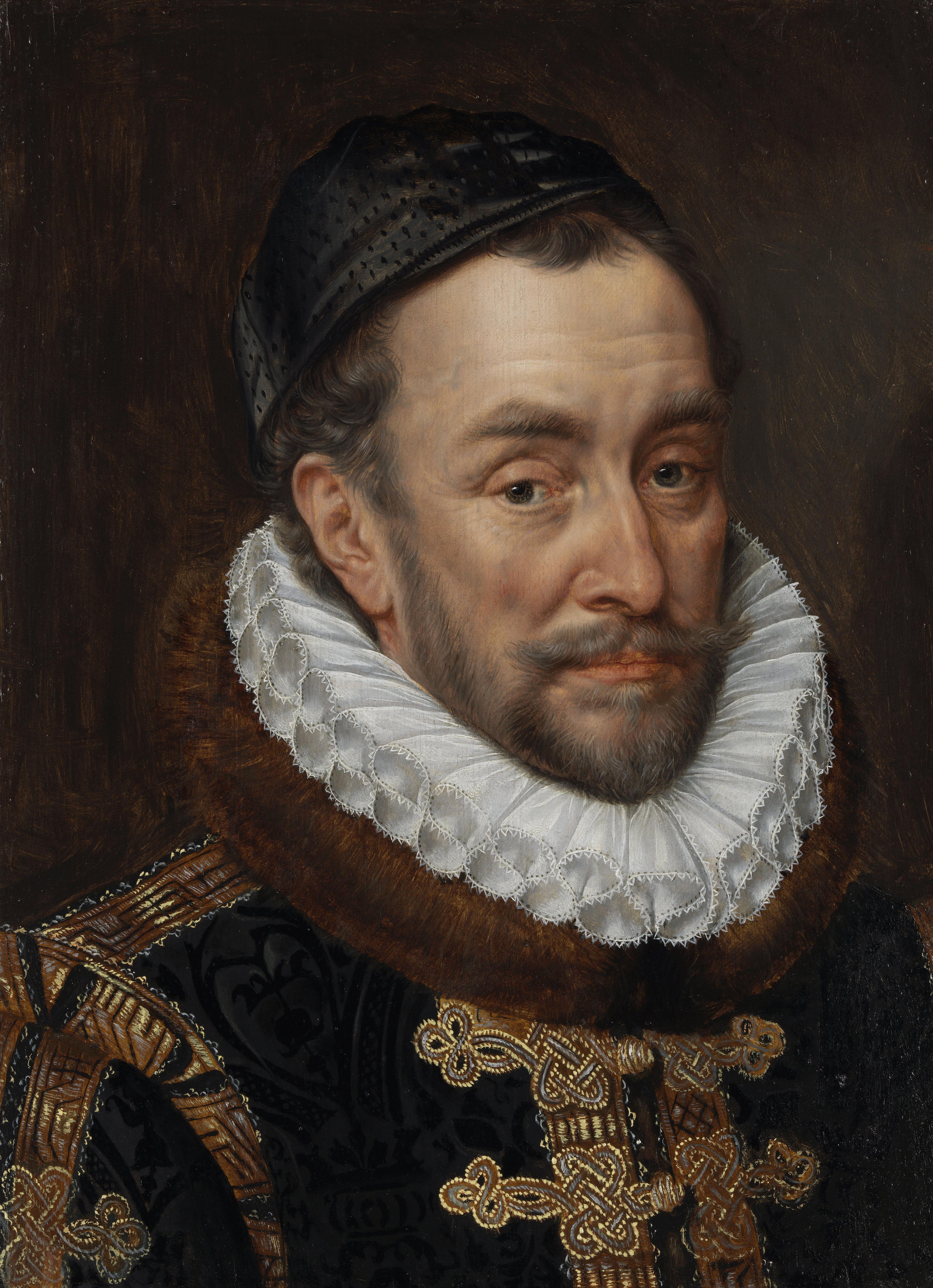 Portrait of a man in a black hat and white ruffled collar wearing a dark, ornate jacket with gold embroidery