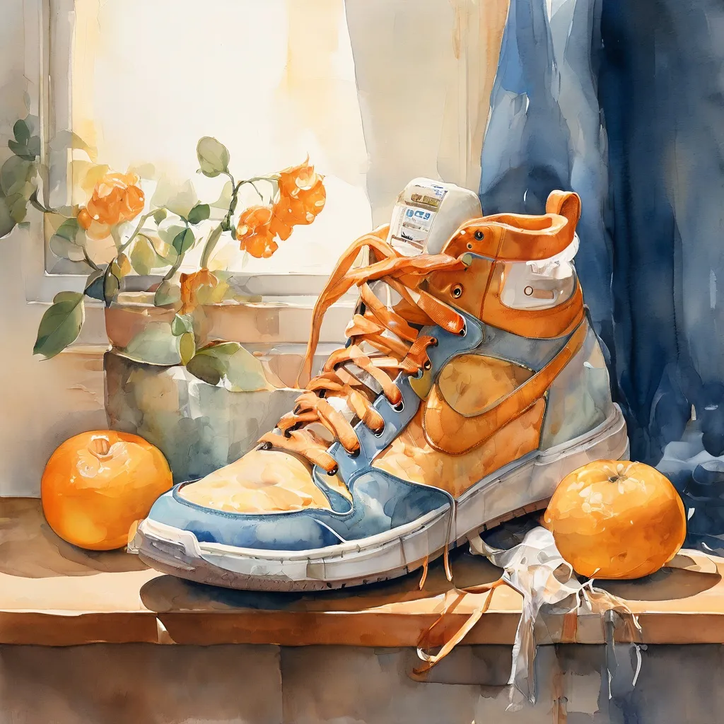 Para limitowanych sneakersów Mizuno inspirowanych obrazem Vermeera „Mleczarka”, artystycznie wyeksponowana na stonowanym tle nawiązującym do palety barw obrazu.