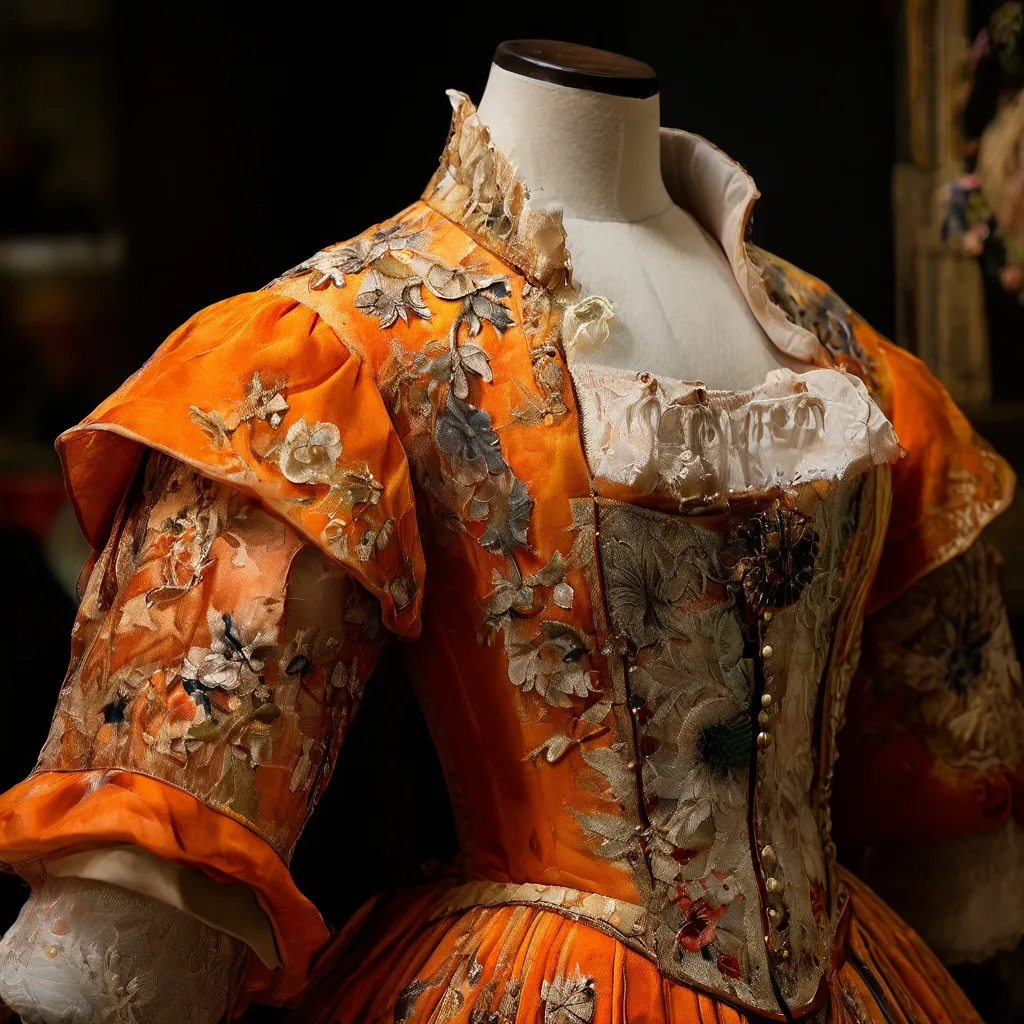 Osiemnastowieczna zabytkowa odzież prezentowana w Rijksmuseum, z widocznym haftem i śladami noszenia oraz napraw.