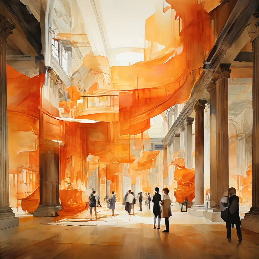 Una gran sala de museo que exhibe excepcionalmente grandes obras históricas en papel, algunas desplegadas en impresionantes longitudes, otras expuestas como diseños monumentales, bañadas en una iluminación dramática para resaltar su escala y detalle.