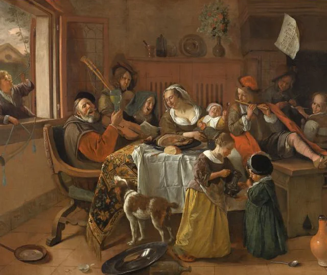 17e-eeuwse Nederlandse genrestafereel met een familiebijeenkomst met muzikanten, kinderen, een hond en alledaagse voorwerpen in een warm verlicht interieur