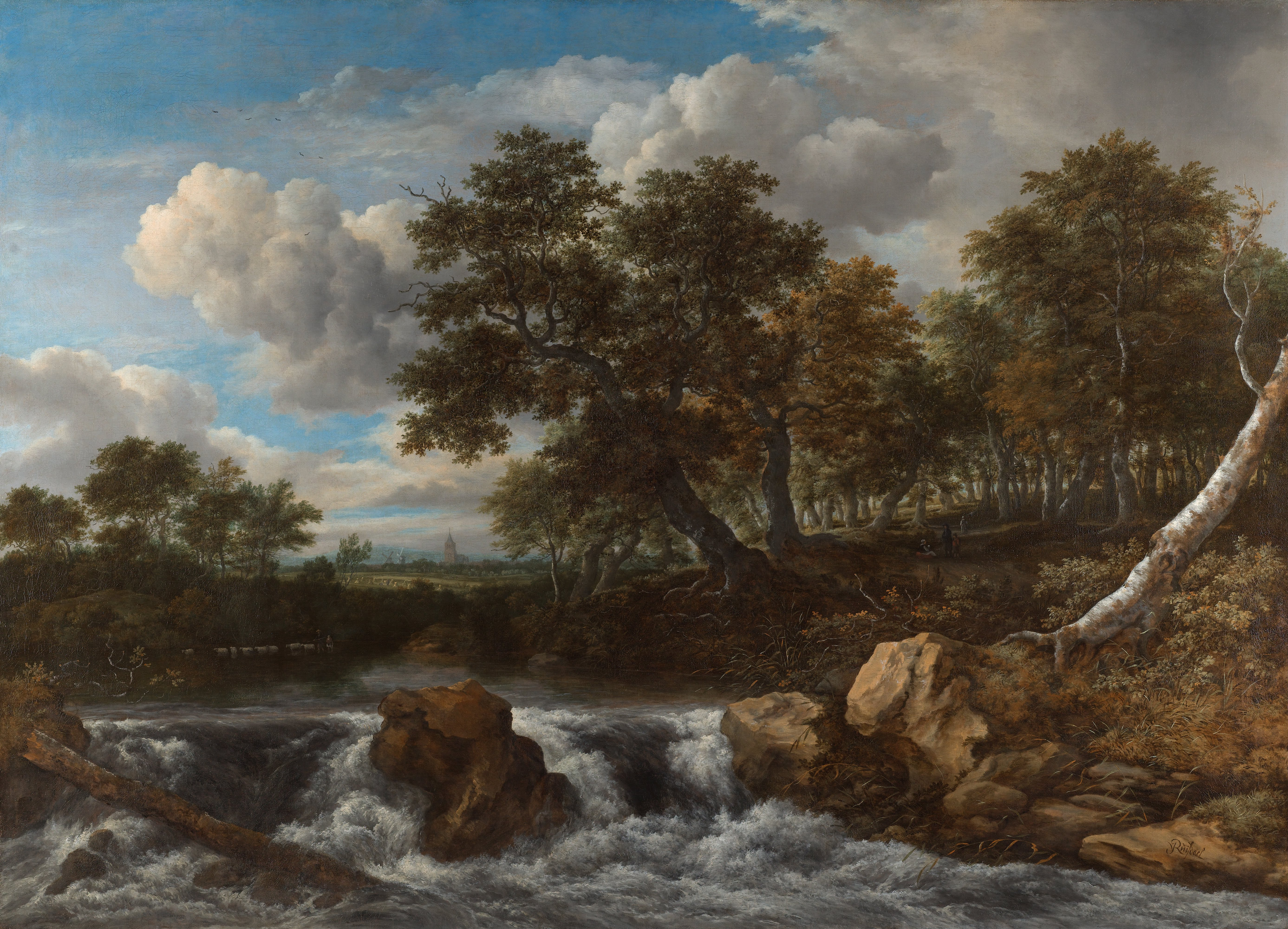 Landscape painting with a waterfall, trees, and rocks under a cloudy sky