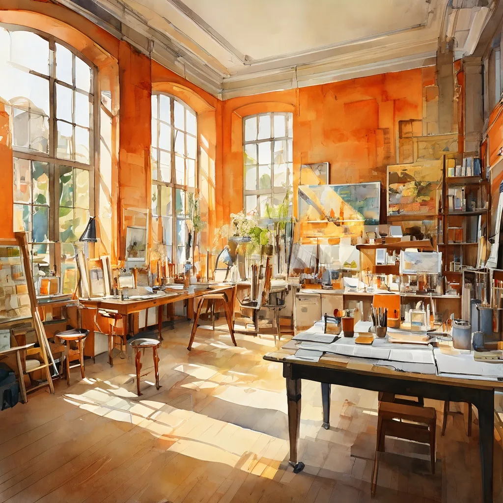 Studio współczesnej artystki w zabytkowym Rijksmuseum, łączące materiały badawcze i przybory artystyczne z elementami dziedzictwa muzeum, przekazujące skupienie na tworzeniu artystycznym i dociekaniach historycznych.
