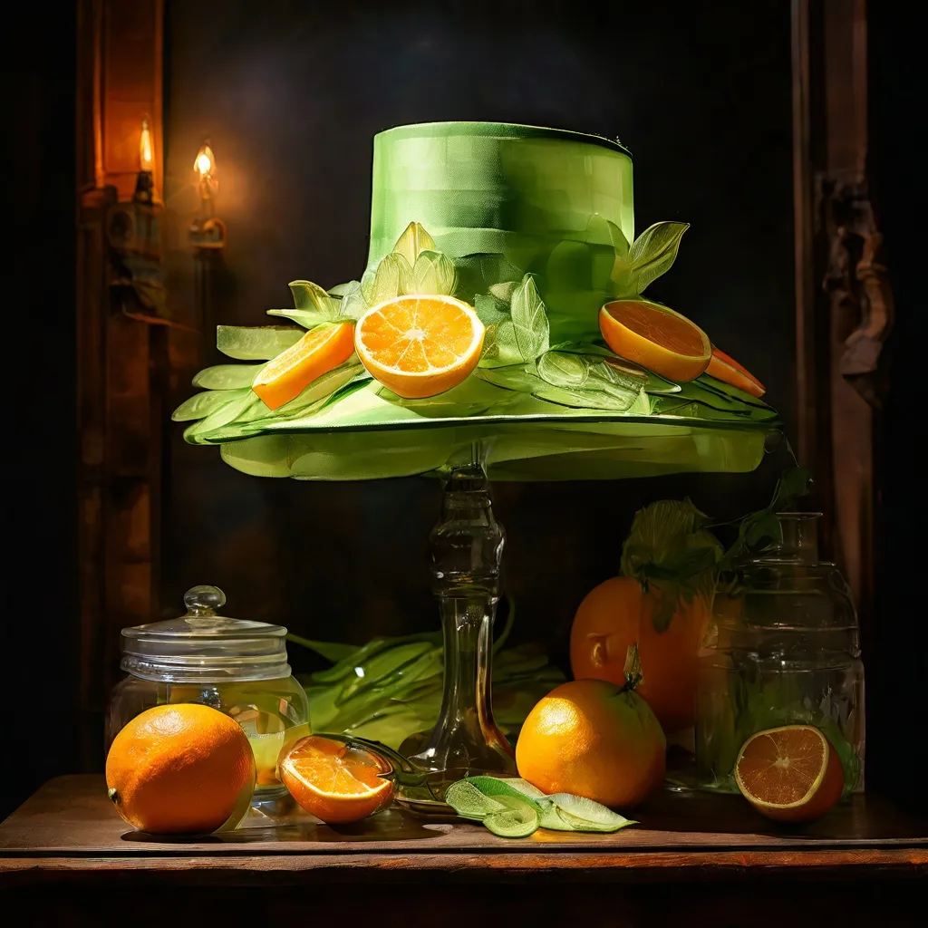 A surreal, vibrant image showcasing a hat meticulously crafted from green cucumber slices, displayed against a dark, mysterious backdrop within Ripley's Believe It or Not! Amsterdam, emphasizing its peculiar artistry.