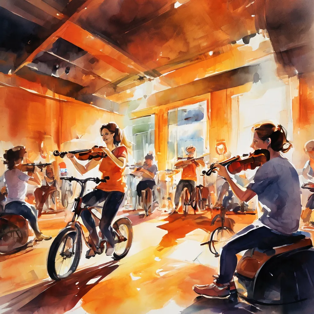 Een dynamisch beeld van een indoor fietsstudio waar deelnemers een spinles volgen, met een man die bedreven een viool bespeelt op een verhoogd platform, waarbij muziek en lichaamsbeweging worden gecombineerd, zoals uitgelicht door Ripley's Believe It or Not! Amsterdam.