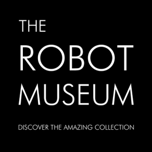 Het woordmerklogo van het Robot Museum in witte tekst op een zwarte achtergrond