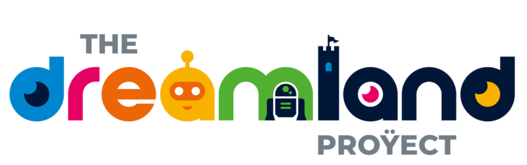 Het Dreamland Project logo met kleurrijke tekst en een robotfiguur in de letter 'o'