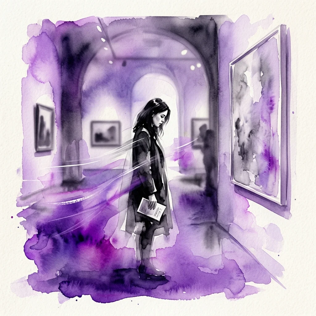 Een aquarelillustratie van een vrouw in een museumgalerie, die kunstwerken bekijkt onder paars getint licht, wat een contemplatieve sfeer oproept.