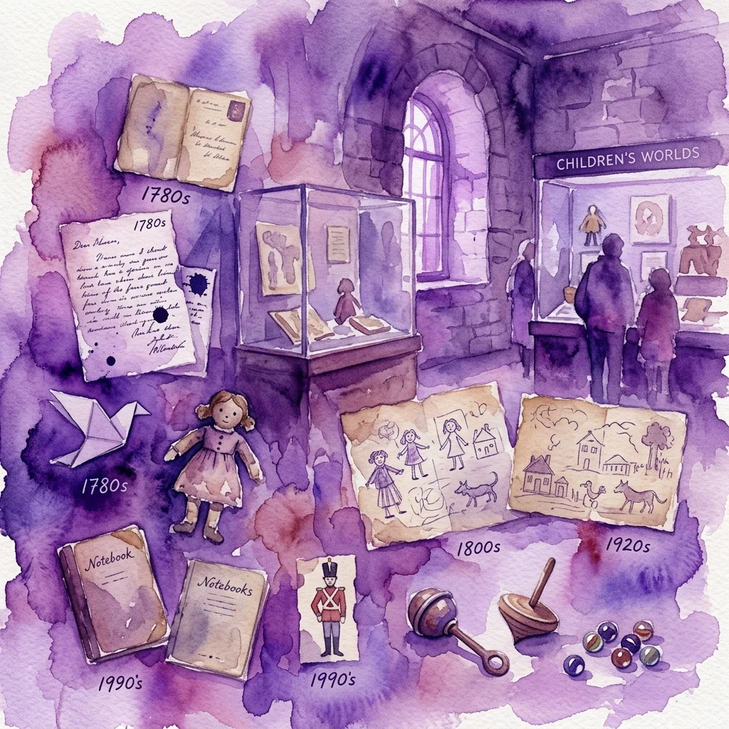 A watercolor illustration of a museum exhibit titled 'Children's Worlds,' featuring historical artifacts like dolls, drawings, letters, and toys from the 1780s to the 1990s, displayed in glass cases and on tables.