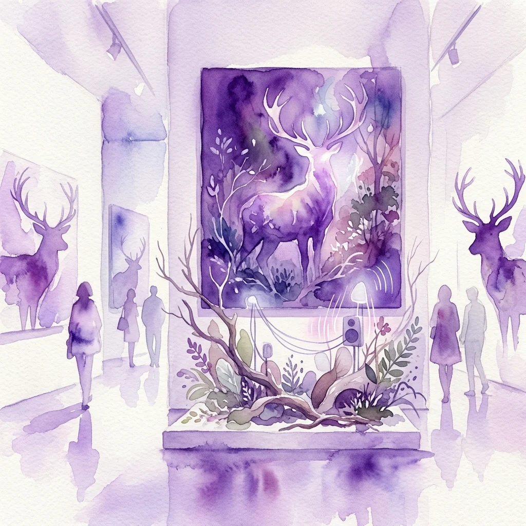 A watercolor-style art installation featuring a large purple deer painting and a naturalistic display with branches and plants, set in a museum gallery with visitors observing the exhibit.