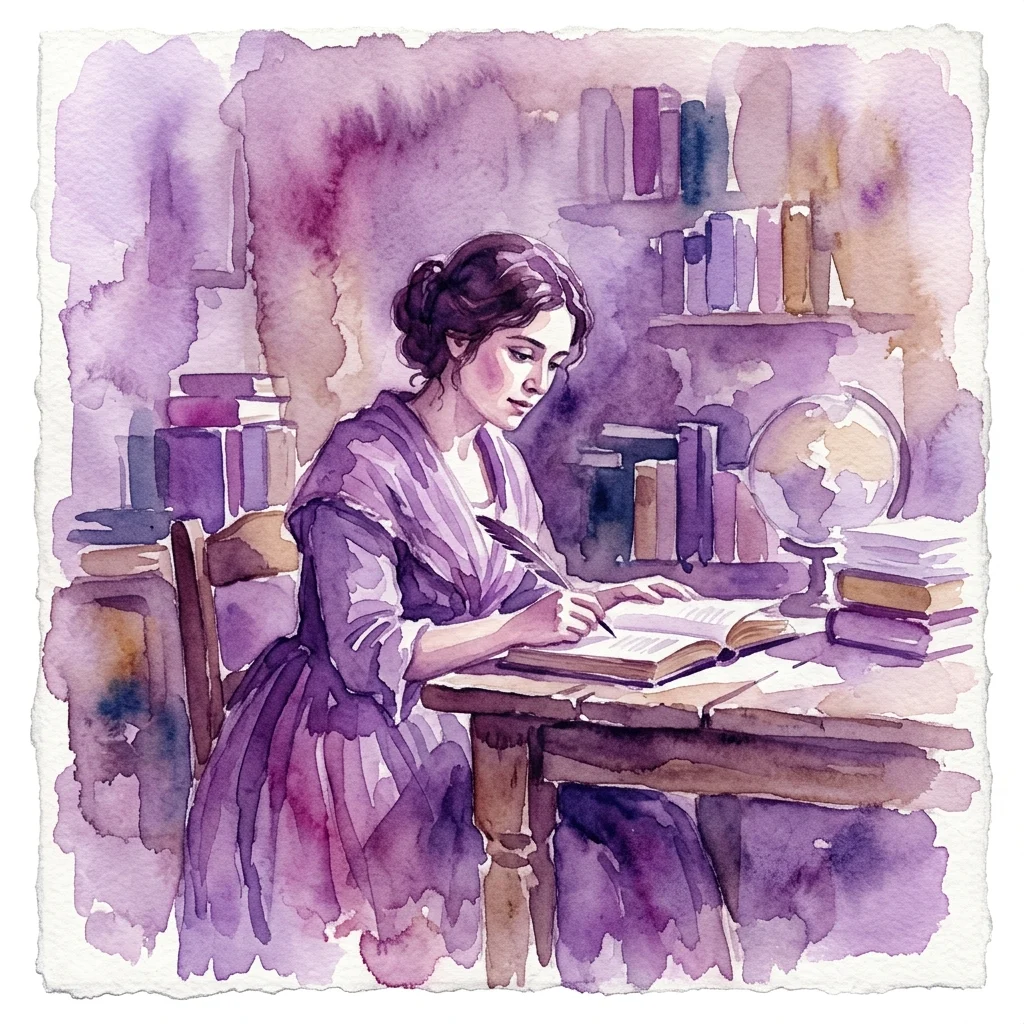 Een aquarelillustratie van een 19e-eeuwse Spaanse vrouw die aan een bureau schrijft met boeken en een wereldbol, wat de educatie van vrouwen en het intellectuele leven tijdens de Romantiek vertegenwoordigt.