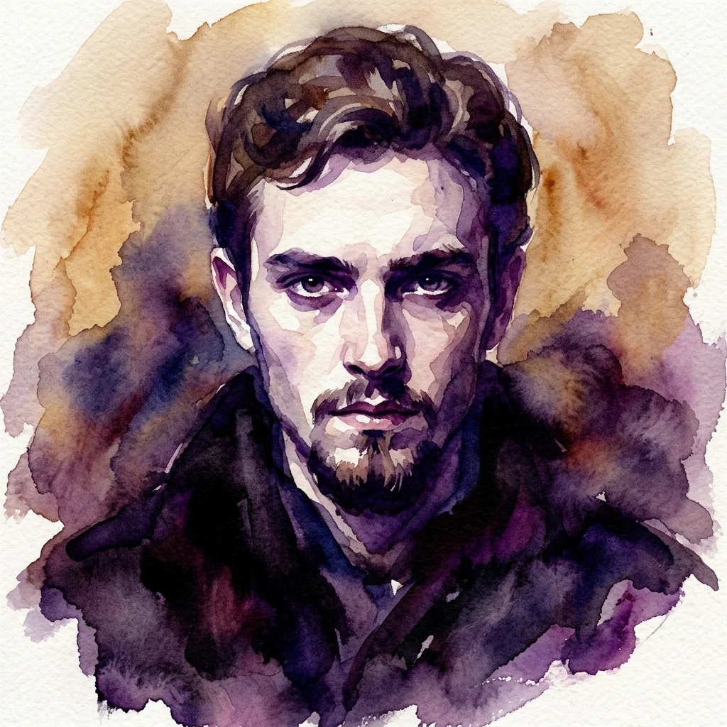 Watercolor portrait of a young man with a goatee, painted in the Romantic style with rich black tones and expressive brushstrokes, reminiscent of Federico de Madrazo's work.