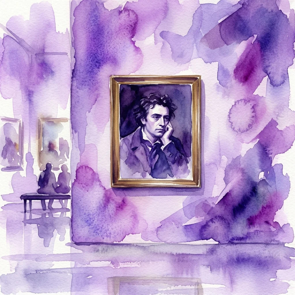 Obraz w stylu akwareli przedstawiający portret poety Gustavo Adolfo Bécquera, oprawiony w złotą ramę i wiszący na fioletowej ścianie galerii w Muzeum Romantyzmu.