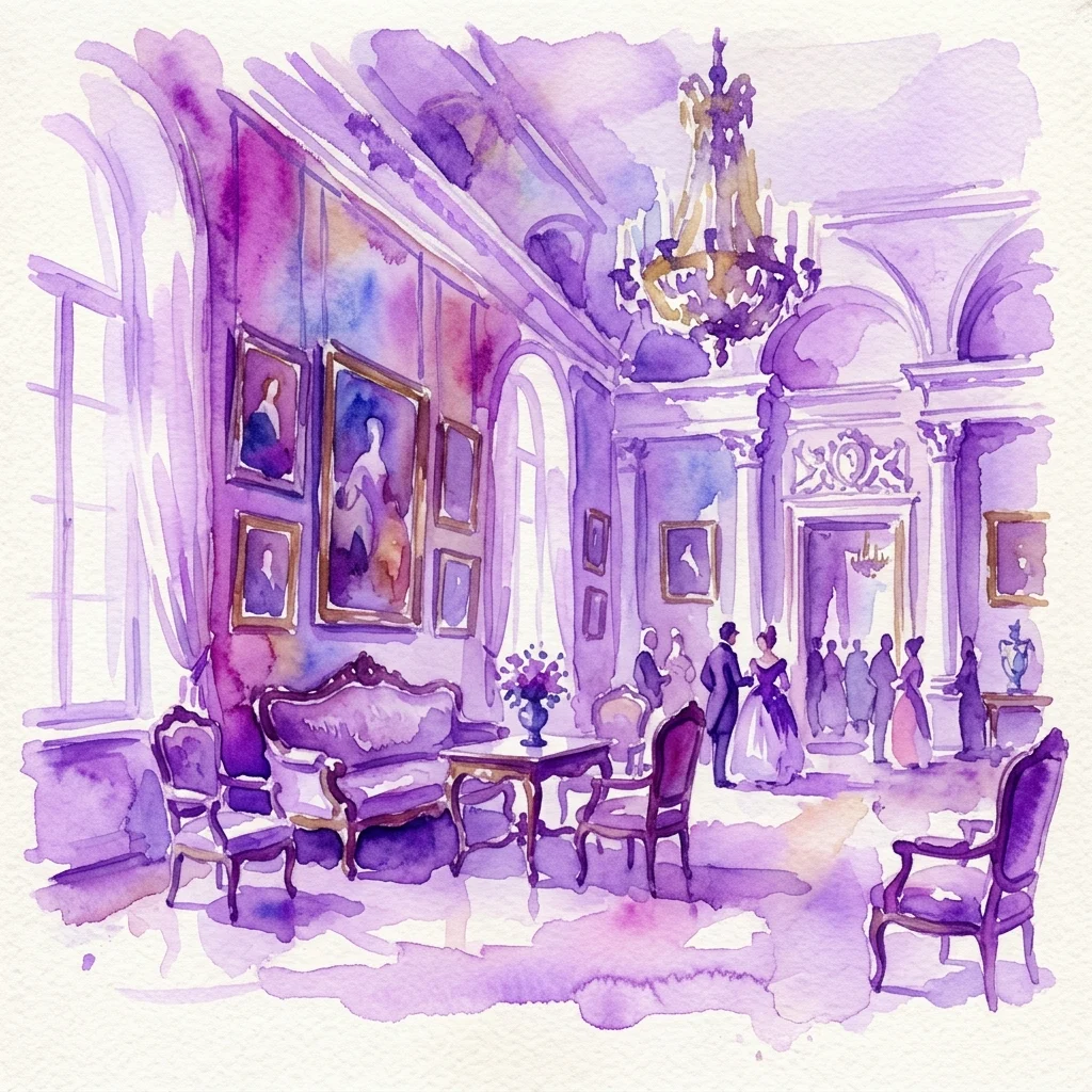Een aquarelillustratie van een 19e-eeuwse Russische salon met klassieke schilderijen, sierlijke meubels en figuren in kledij uit die tijd, die het tijdperk van Poesjkin en de Russische romantiek weerspiegelt.