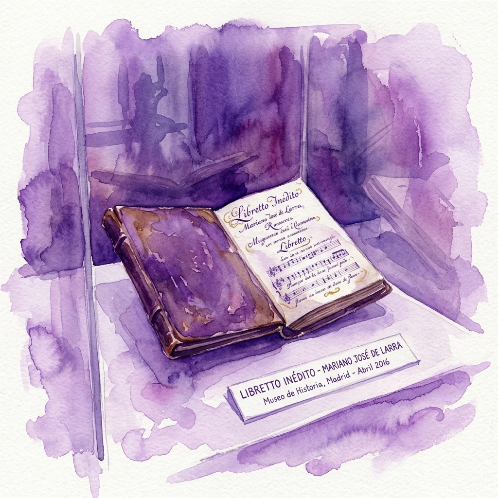 Ilustración en acuarela de un manuscrito abierto y antiguo encuadernado en cuero titulado 'Libretto Inedito' de Mariano José de Larra, expuesto en una vitrina de museo con una etiqueta que lo identifica como un libreto de ópera inédito mostrado en el Museo de Historia, Madrid, en abril de 2016.