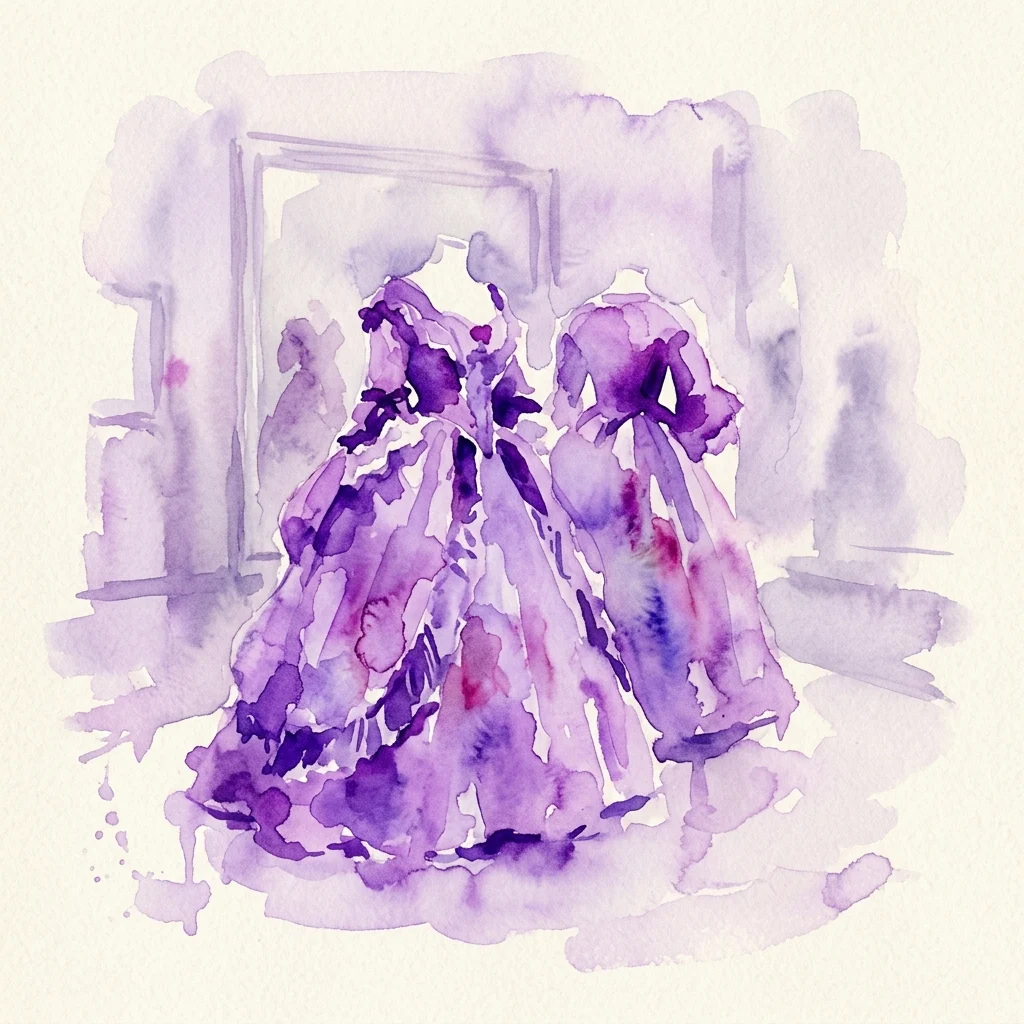 Watercolor illustration of two ornate purple opera costumes from Richard Wagner's 'La prohibición de amar', displayed in a museum gallery setting.