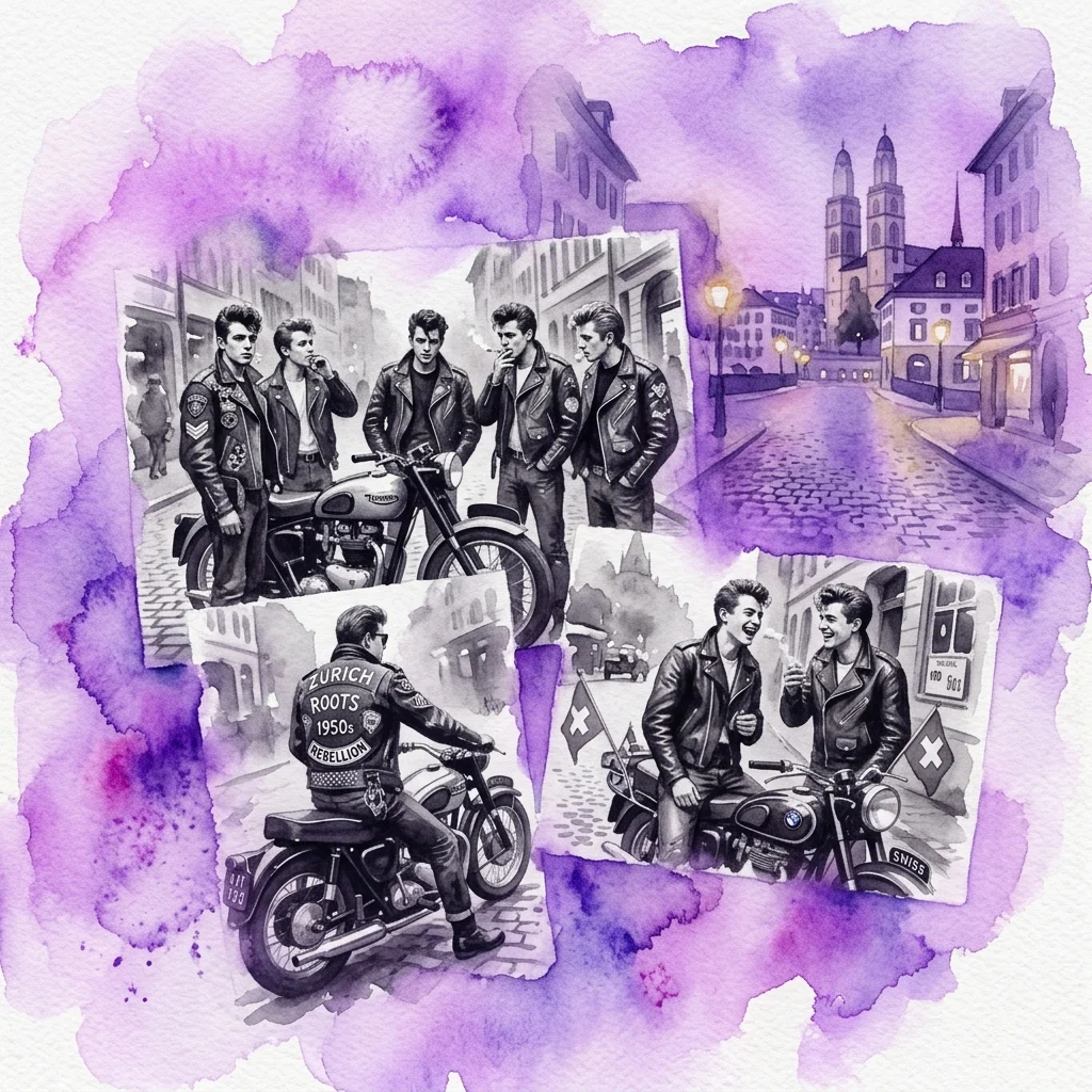 A collage of black and white photographs by Karlheinz Weinberger showing rebellious youth in 1950s Zurich, wearing leather jackets and motorcycles, framed by purple watercolor.