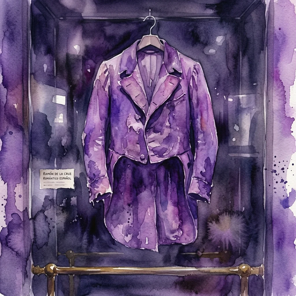 Ilustracja akwarelowa purpurowego fraka z XIX wieku, zidentyfikowanego jako kamizelka Mariano José de Larrz, wystawiona w gablocie w Muzeum Romantyzmu.