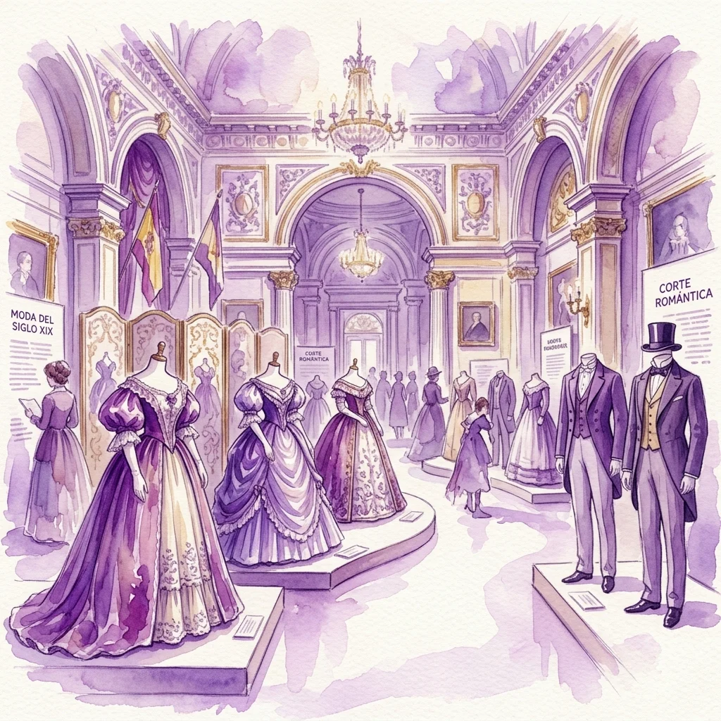 Ilustracja wystawy „La Moda Romántica” prezentującej modę XIX wieku, z eleganckimi sukniami i garniturami wystawionymi w wielkiej, ozdobnej sali muzealnej z wystrojem z epoki.