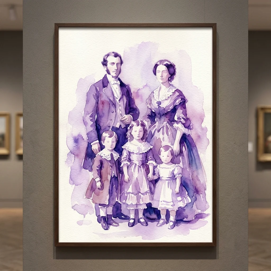 XIX-wieczny rodzinny portret akwarelowy autorstwa Federico de Madrazo, przedstawiający jego dzieci, Luisę, Rosę i Raimunda, eksponowany w galerii muzealnej.
