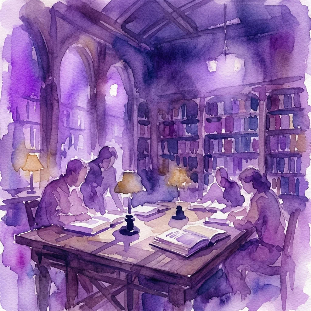 Una ilustración en acuarela de una biblioteca histórica con poca luz, con personas leyendo y discutiendo libros en una mesa, evocando una atmósfera académica para un seminario literario.