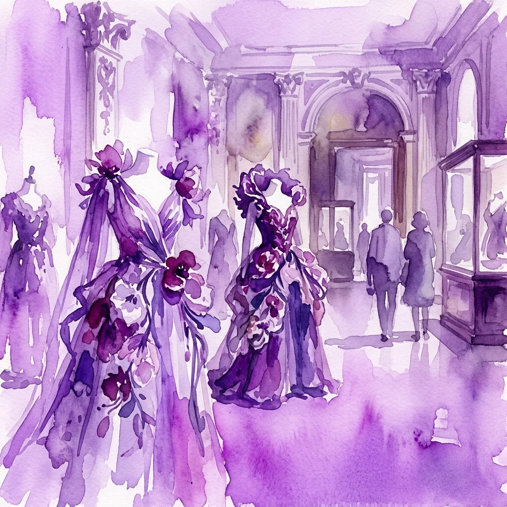 Ilustracja akwarelowa ozdobnych kostiumów kwiatowych z opery "Parsifal" Richarda Wagnera prezentowana w Museo del Romanticismo, z odwiedzającymi oglądającymi wystawę w okazałej galerii.