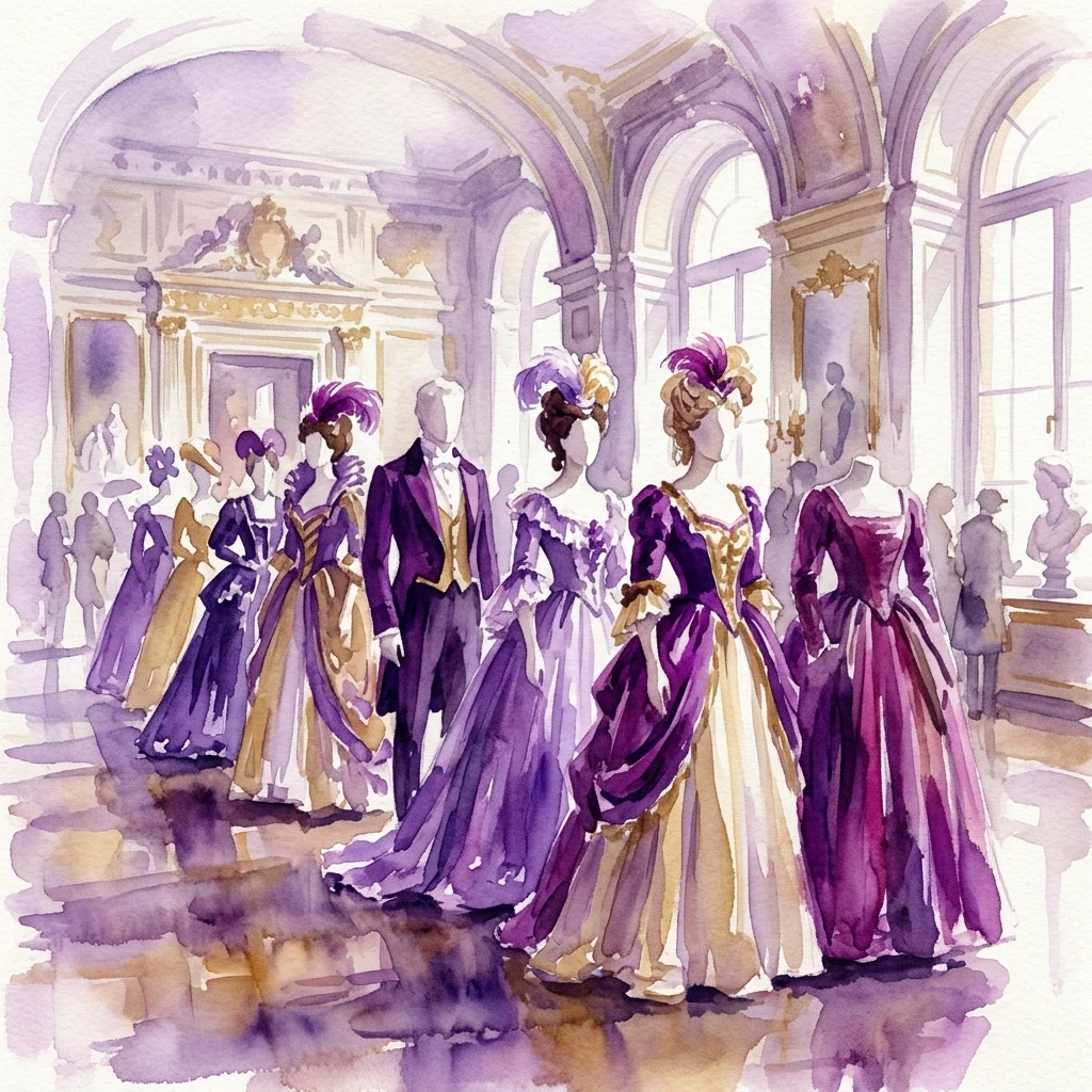 Ilustracja akwarelowa XIX-wiecznych kostiumów operowych wystawionych w galerii muzealnej, przedstawiająca bogate fioletowe i złote suknie i garnitury z ozdobnymi kapeluszami, przywołująca splendor romantycznych przedstawień.