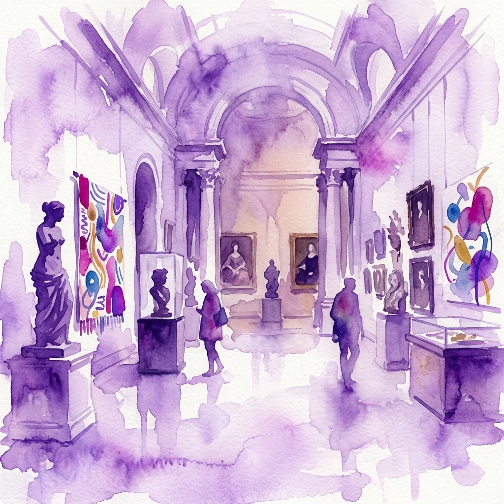 Una ilustración en acuarela de una galería de museo con esculturas y pinturas clásicas, que presenta obras de arte abstractas contemporáneas integradas en el espacio, reflejando la exposición 'El Eterno Retorno' de Mateo Maté.