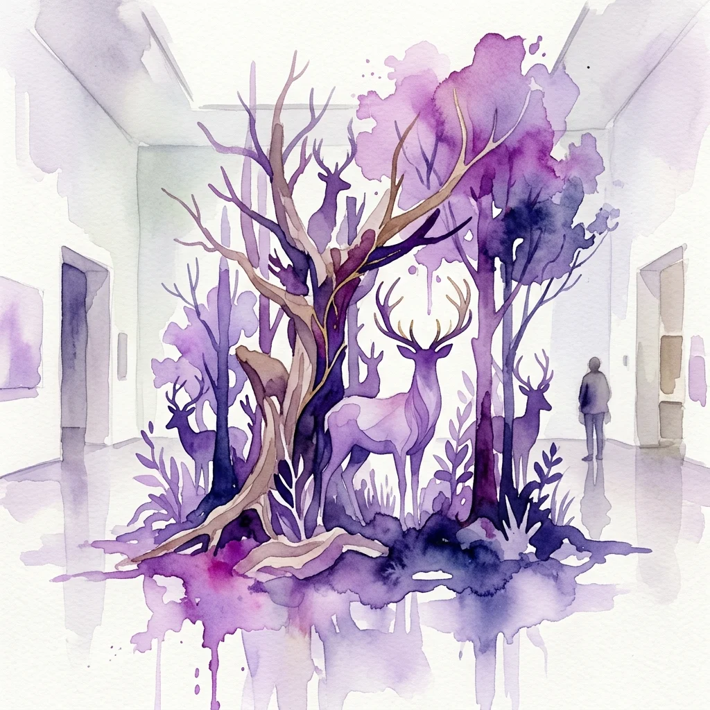 A watercolor-style installation by Miguel Ángel Blanco featuring purple and brown deer and trees in a museum gallery, with a visitor observing the artwork.