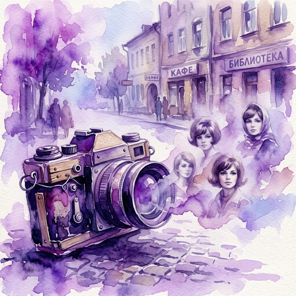 Una ilustración en acuarela de una cámara hecha a mano con retratos de mujeres que emergen de su lente, ambientada en una escena callejera de tono púrpura con un café y una biblioteca al fondo.