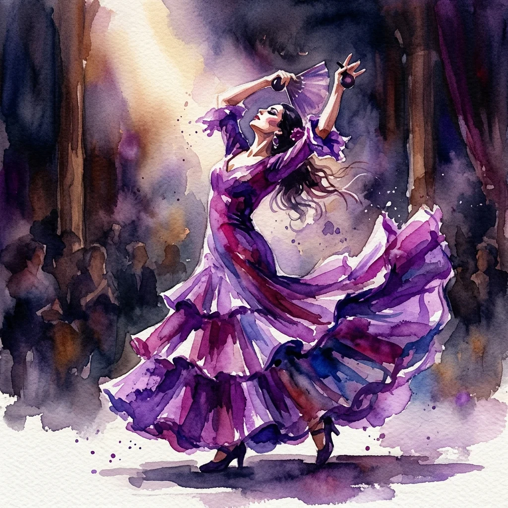 A watercolor painting of a flamenco dancer in a flowing purple dress, performing on stage with dramatic lighting and a blurred audience in the background.