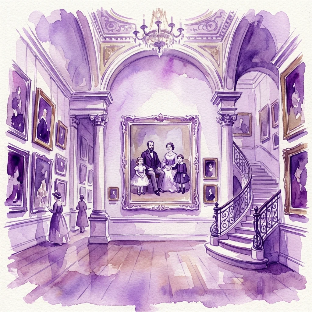 Una ilustración en acuarela de una galería de museo con un destacado retrato familiar de Federico de Madrazo, expuesto en una pared central sobre una escalera. La obra de arte, titulada 'Retrato familiar Luisa, Rosa y Raimundo', forma parte de una exposición de 'Obras Invitadas' en el Museo del Romanticismo.