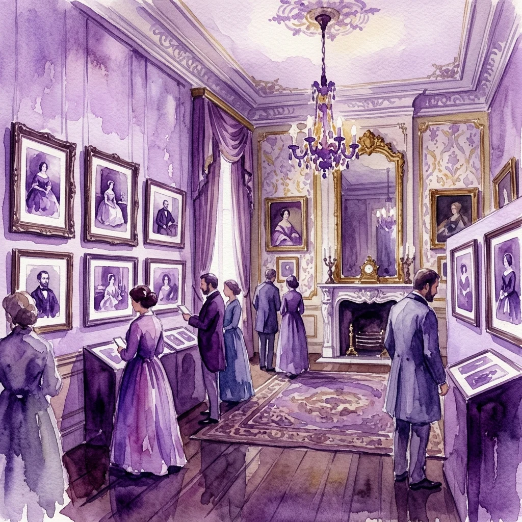 Ilustracja zwiedzających oglądających zabytkowe fotografie w galerii w stylu XIX-wiecznym w Museo del Romanticismo, prezentująca wczesną fotografię i wystrój epoki romantyzmu.