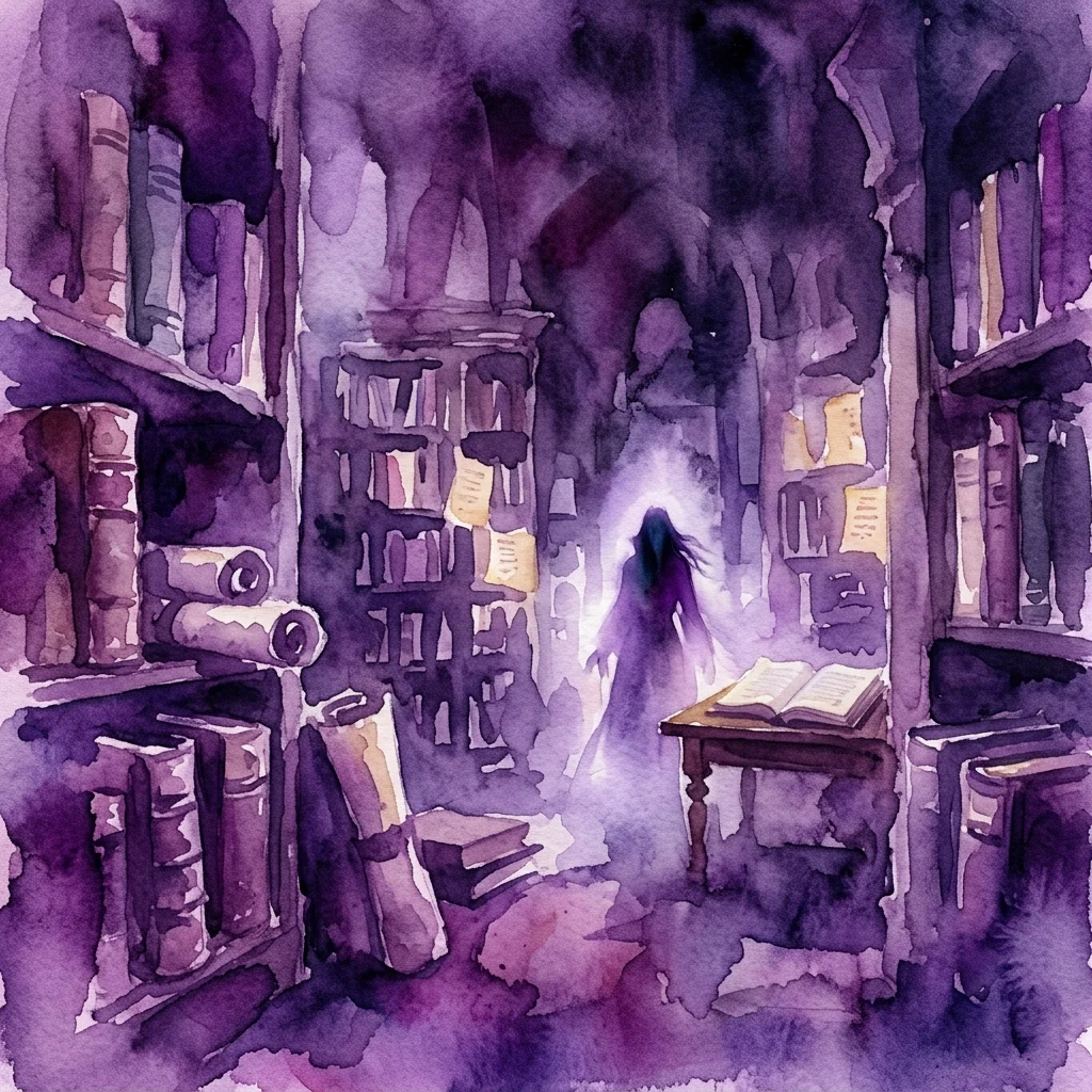 Ilustracja akwarelowa przedstawiająca słabo oświetloną, zabarwioną na fioletowo bibliotekę ze starymi księgami i rękopisami, z widmową postacią wyłaniającą się ze świecącego światła, przywołującą tajemnicze początki folkloru o wampirach.