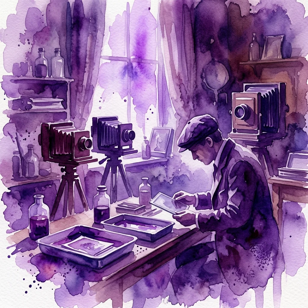 Ilustracja akwarelowa przedstawiająca fotografa w zabytkowym studiu, pracującego z aparatami i kuwetami do wywoływania zdjęć z początku XX wieku, nawiązująca do ruchu piktorialistycznego.