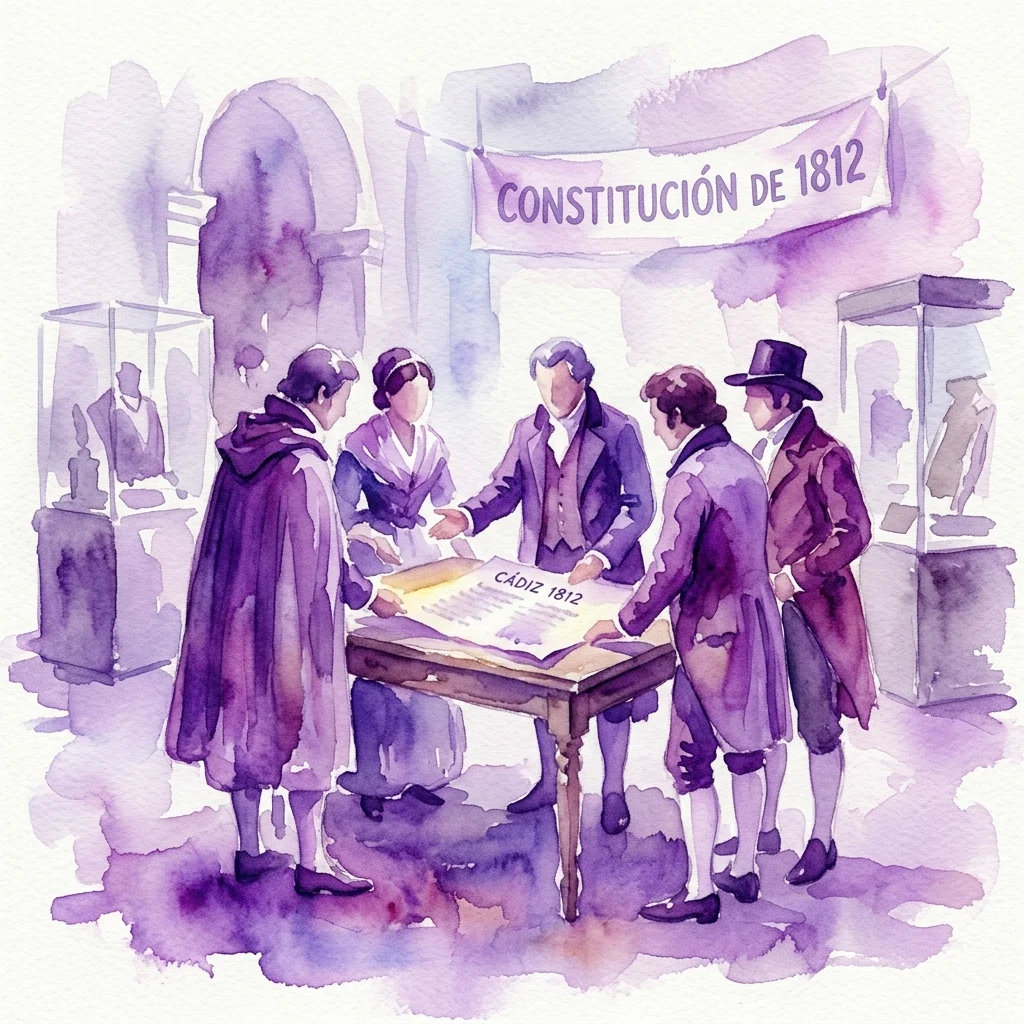 Ilustracja akwarelowa przedstawiająca inscenizację historyczną ukazującą postacie w strojach hiszpańskich z XIX wieku zebrane wokół dokumentu z napisem 'CÁDIZ 1812', z banerem 'CONSTITUCIÓN DE 1812' w tle, przedstawiająca okres Trienio Liberal.