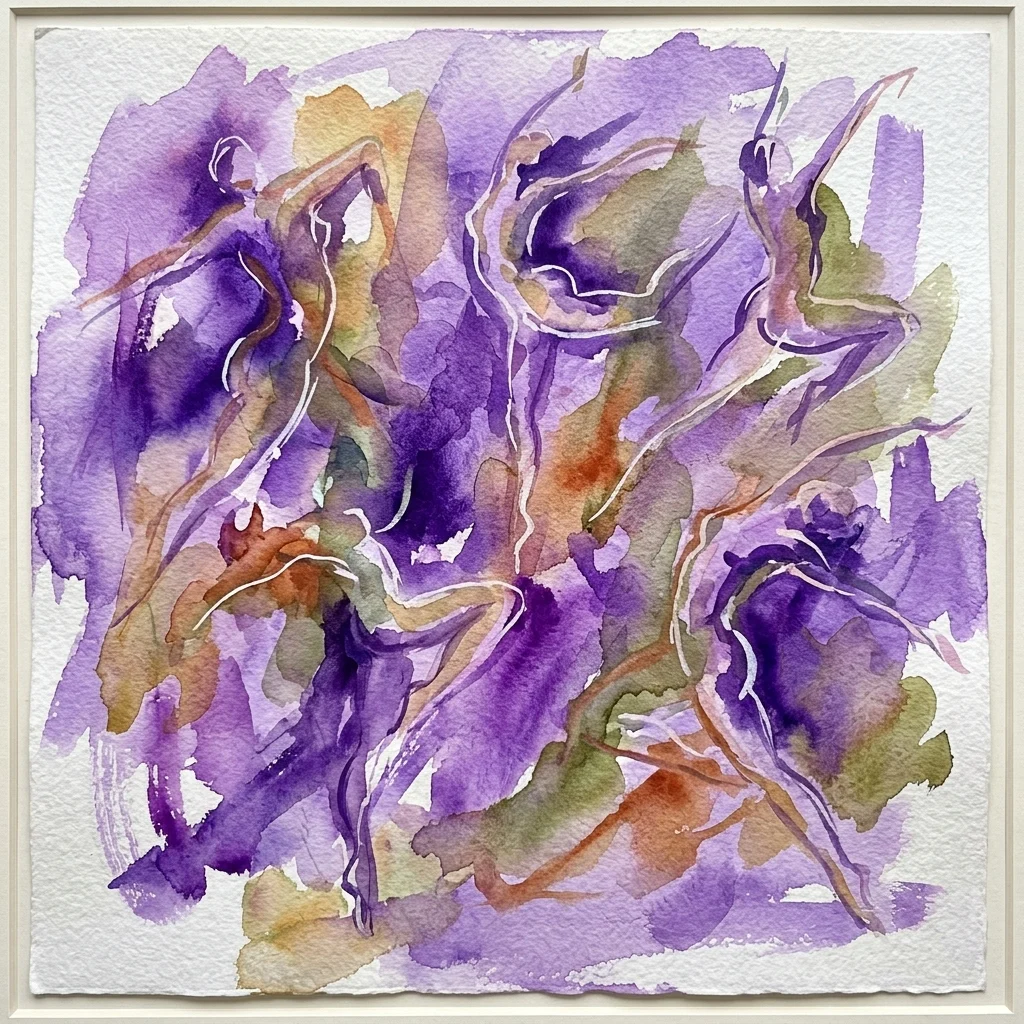 Pintura abstracta a la acuarela con pinceladas dinámicas en tonos violeta y tierra que evocan figuras humanas fluidas en movimiento, de la exposición BodyScapes de Judith Brenner.