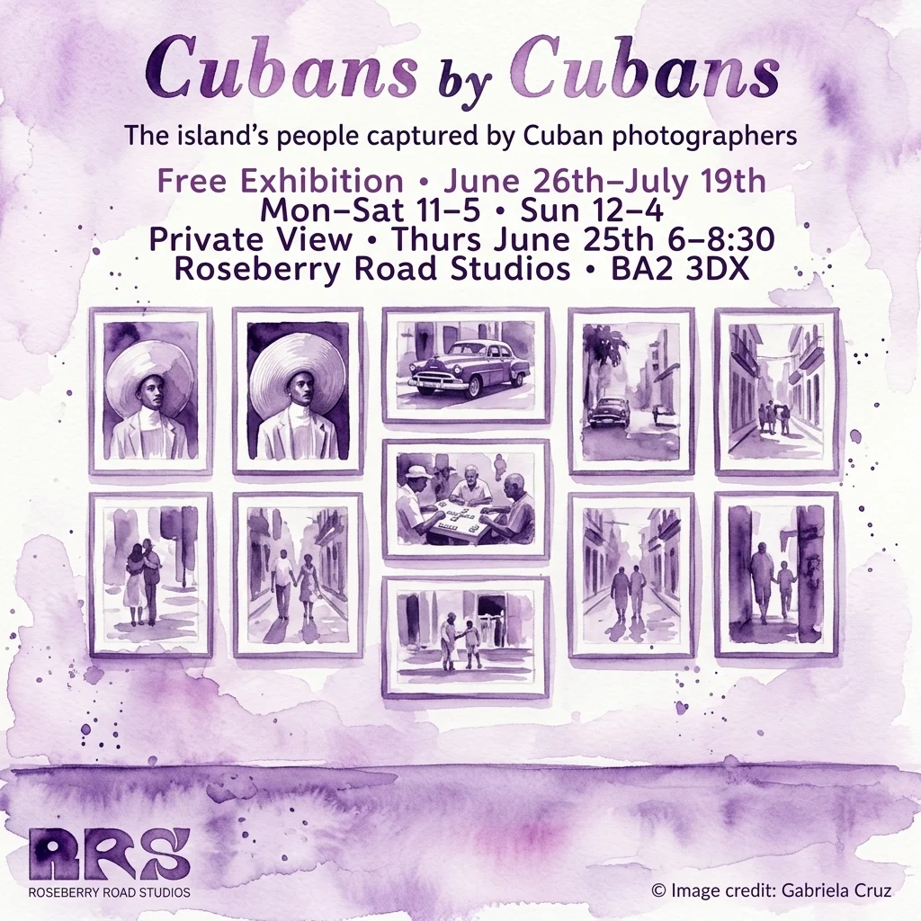 Paarse aquarel promotieposter voor de 'Cubans by Cubans'-tentoonstelling met de tentoonstellingsdata in Roseberry Road Studios en geïllustreerde voorbeelden van ingelijste portretten en straatfotografie.