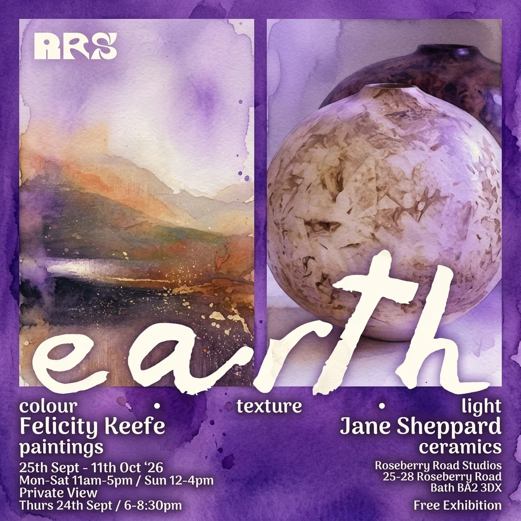 Cartel promocional de color morado para la exposición 'Earth' en Roseberry Road Studios, en Bath, que presenta una pintura abstracta de paisaje otoñal y una vasija de cerámica orgánica con textura.