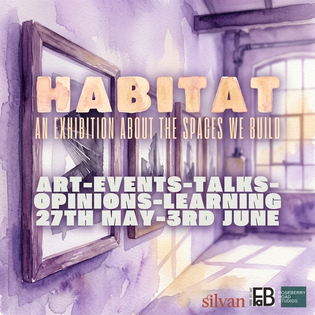 Watercolor exhibition poster for Habitat showing a sunlit gallery interior with wooden-framed photographs and a large window, 27 May to 3 June at Roseberry Road Studios.
