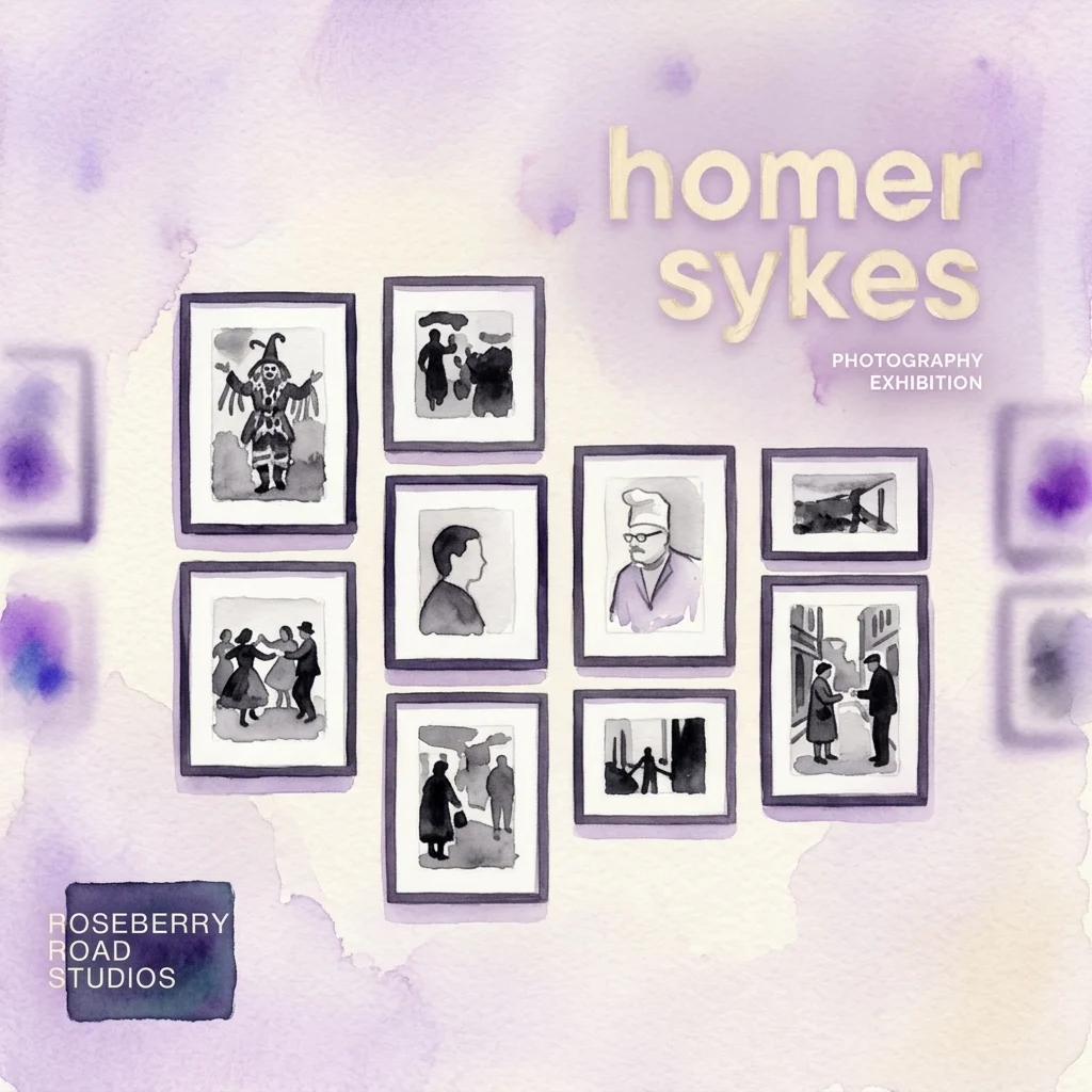Cartel promocional de la exposición de fotografía de Homer Sykes con escenas enmarcadas ilustradas en acuarela y el logotipo de Roseberry Road Studios sobre un fondo color lavanda.