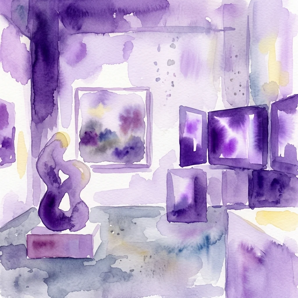 Ilustración en acuarela de la exposición Out of Hand en Roseberry Road Studios, que muestra una escultura abstracta en tonos púrpuras sobre un pedestal y varias obras de arte enmarcadas expuestas en paredes blancas de la galería.