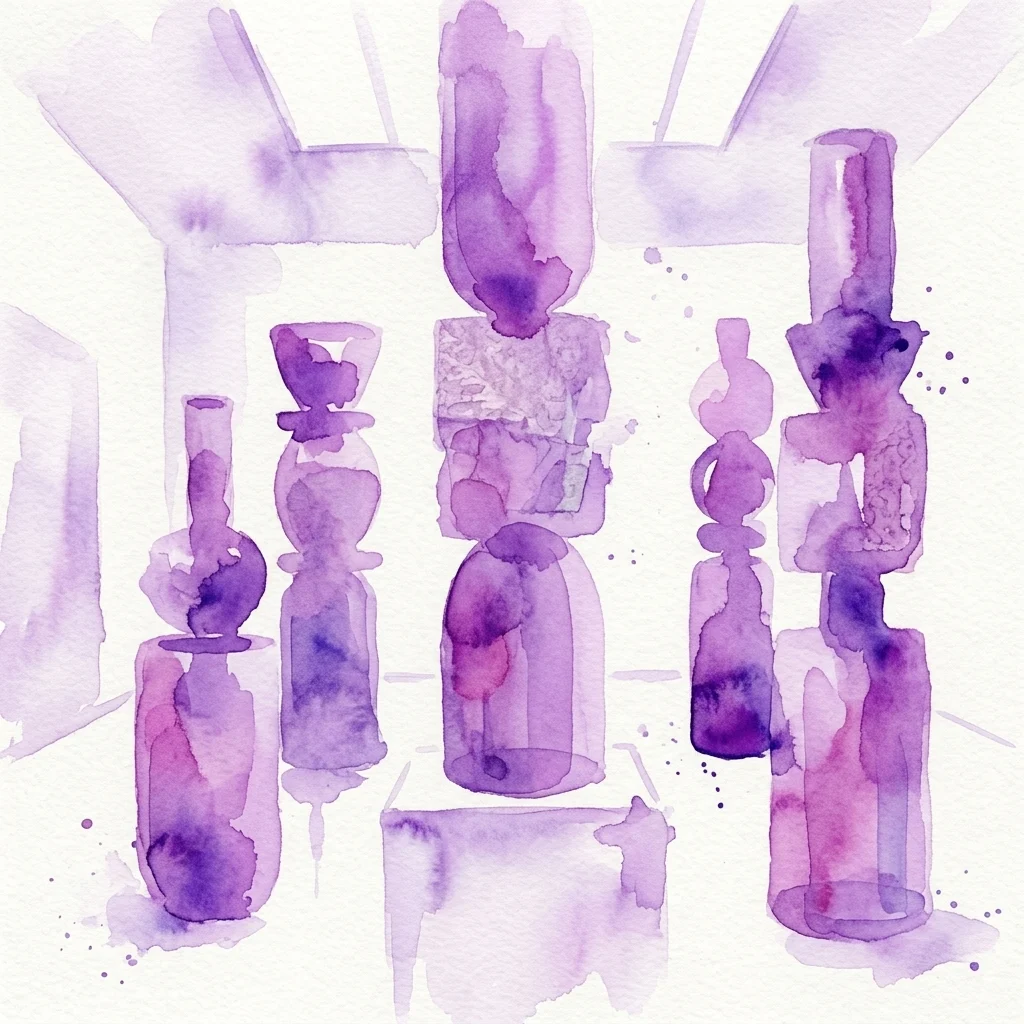 Acuarela en tonos morados y violetas que representa una serie de formas escultóricas similares a vasijas y columnas dispuestas en una cuadrícula irregular. La obra presenta patrones texturizados y lavados pictóricos con goteos y salpicaduras visibles.
