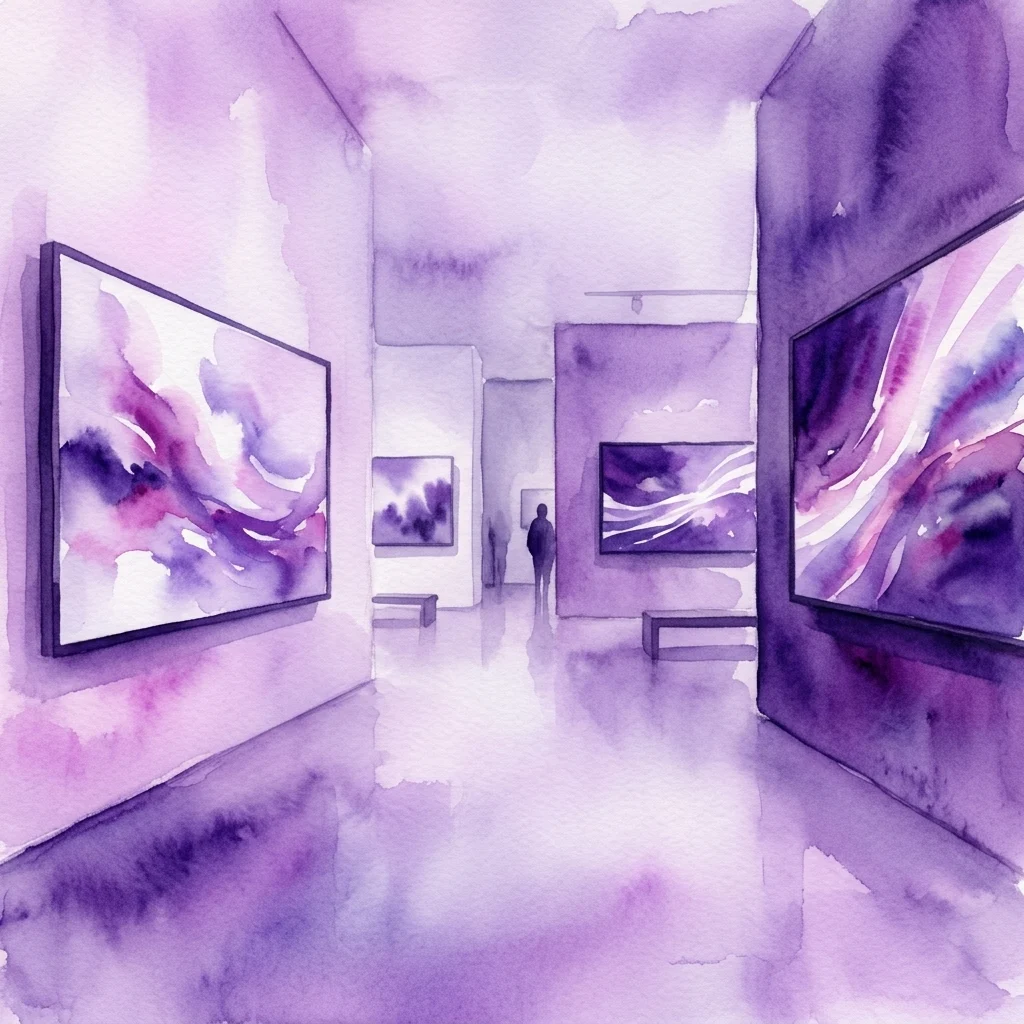 Ilustración en acuarela del interior de una galería con grandes pantallas de vídeo que muestran patrones abstractos fluidos en tonos púrpura y lavanda, y dos visitantes observando la exposición.